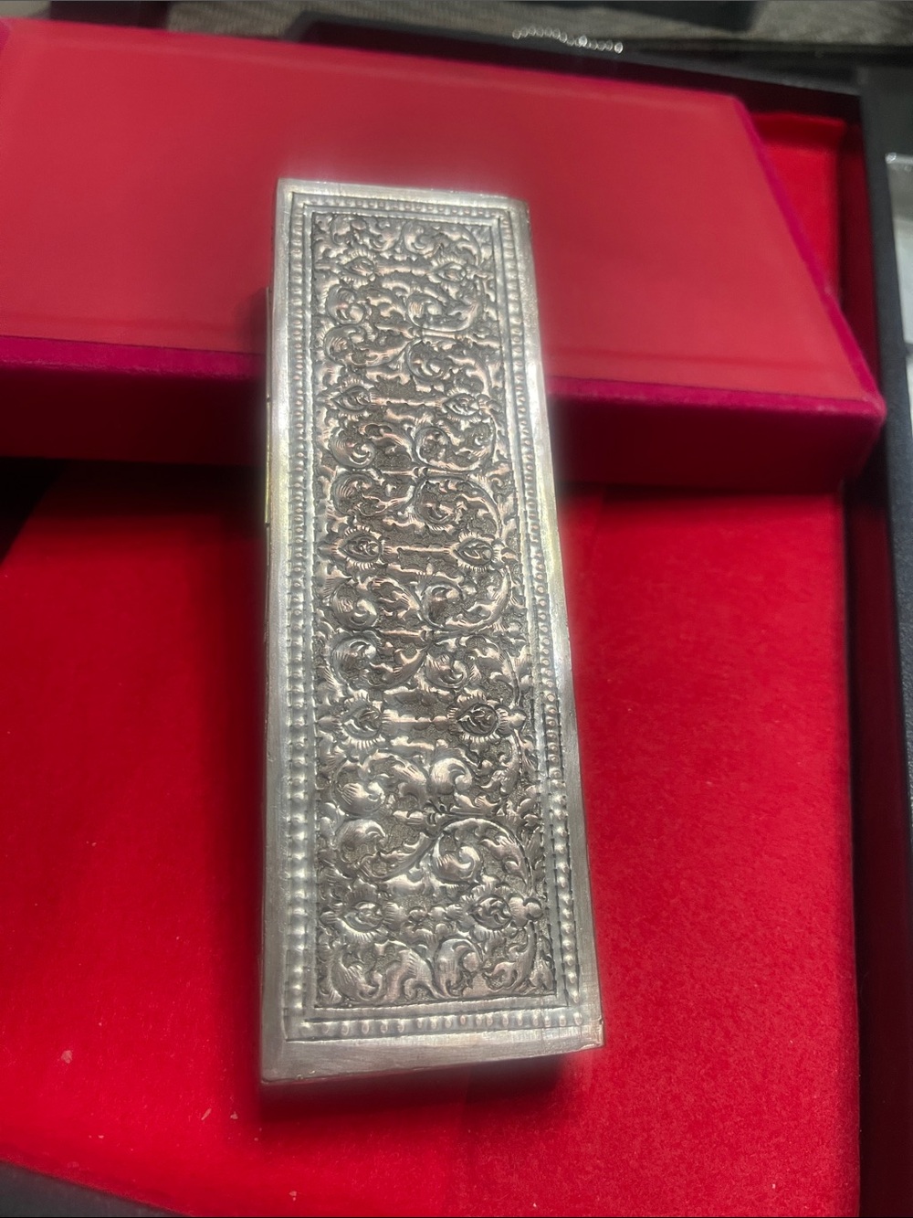 Cambodian Trinket Box - T90 Silver over Copper - 6 1/2” X 2” X 1” high